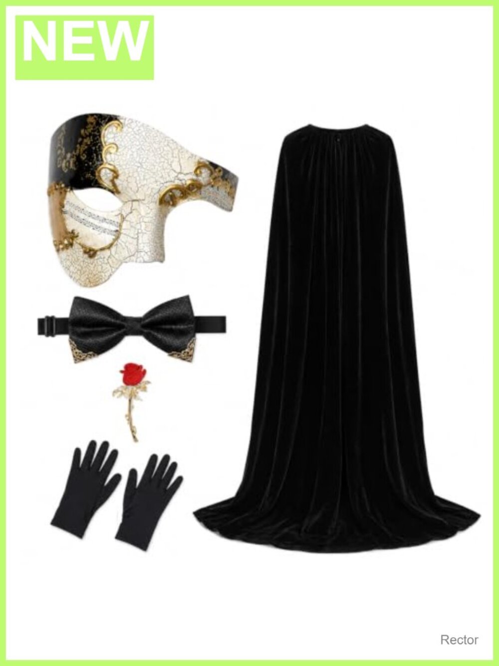 5PCS Masquerade Costume Men Black Velvet Cape Cracked Mask